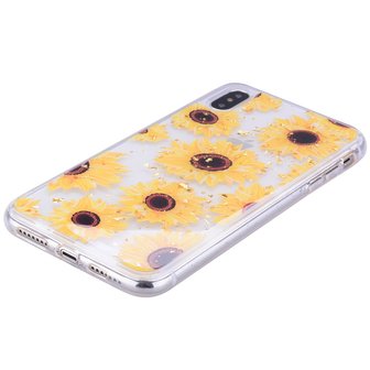 Glitter hoesje zonnebloemen TPU goud iPhone XS Max - Doorzichtig