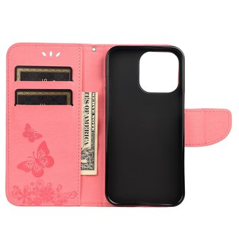 Wallet Bookcase kunstleer vlinders en bloemen hoesje voor iPhone 13 Pro Max - roze
