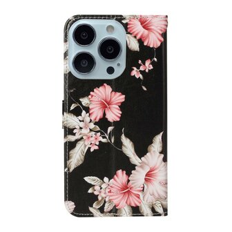 Wallet Bookcase kunstleer bloemen hoesje voor iPhone 13 Pro Max - zwart
