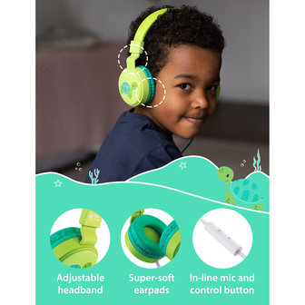 Planet Buddies schildpad koptelefoon kinderen opvouwbaar hoofdtelefoon headphonejack aux - Groen