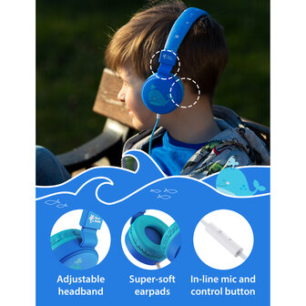 Planet Buddies walvis koptelefoon kinderen opvouwbaar hoofdtelefoon headphonejack aux - Blauw