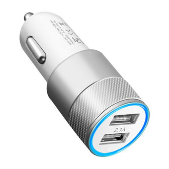 Universele Silver Car Charger - Dual USB 2.4 Ampère - Autolader zilver