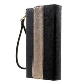 Universele kunstlederen wallet portemonnee tas - zwart leder brons