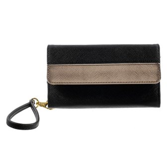 Universele kunstlederen wallet portemonnee tas - zwart leder brons