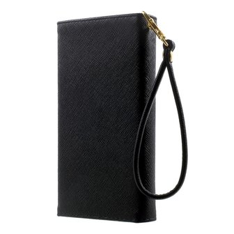 Universele kunstlederen wallet portemonnee tas - zwart leder brons