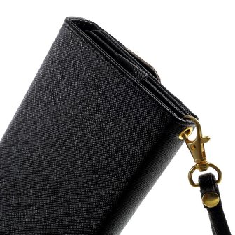 Universele kunstlederen wallet portemonnee tas - zwart leder brons