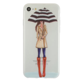 Regen paraplu meisje TPU hoesje iPhone 7 8 SE 2020 SE 2022 - Rode Laarsjes Trenchcoat - Doorzichtig
