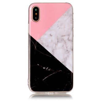 Geometrische vlakken marmer hoesje iPhone X XS - Roze Wit Zwart
