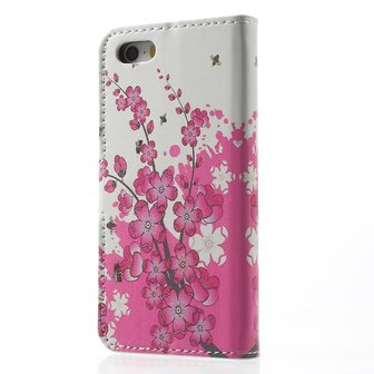 natuurpark ras Verst Bloesem Bijen iPhone 5 5s SE 2016 kunstlederen Wallet Bookcase hoesje Roze  Wit