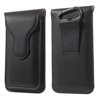 Lederen Pouch dubbel hoes iPhone universeel - Zwart Karabijnhaak