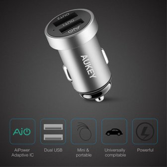 Aukey Universele Dual USB Autolader 2.4 Ampère - Grijs