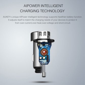 Aukey Universele Dual USB Autolader 2.4 Ampère - Grijs