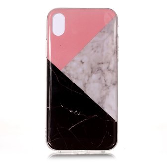 Geometrisch Marmer iPhone XS Max TPU hoesje - Roze Zwart Wit
