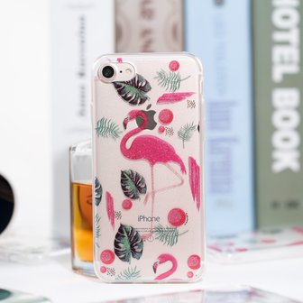 Glitter Poeder hoesje TPU iPhone 7 8 SE 2020 SE 2022 - Flamingo's en Bladeren