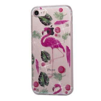 Glitter Poeder hoesje TPU iPhone 7 8 SE 2020 SE 2022 - Flamingo's en Bladeren