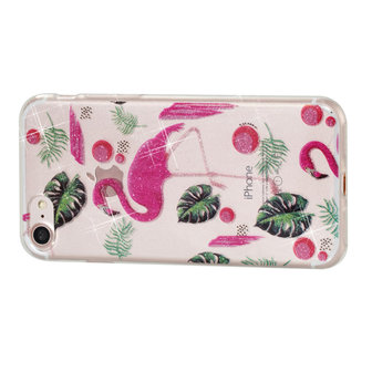 Glitter Poeder hoesje TPU iPhone 7 8 SE 2020 SE 2022 - Flamingo's en Bladeren