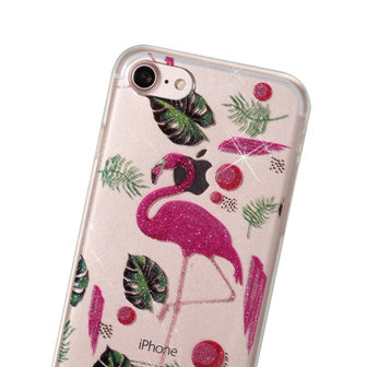 Glitter Poeder hoesje TPU iPhone 7 8 SE 2020 SE 2022 - Flamingo's en Bladeren