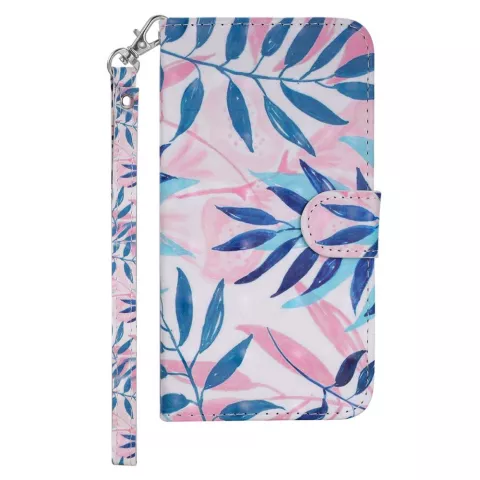 Bladeren Portemonnee Hoesje iPhone XR Magnetische Wallet Case Polsband - Blauw Roze