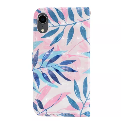 Bladeren Portemonnee Hoesje iPhone XR Magnetische Wallet Case Polsband - Blauw Roze