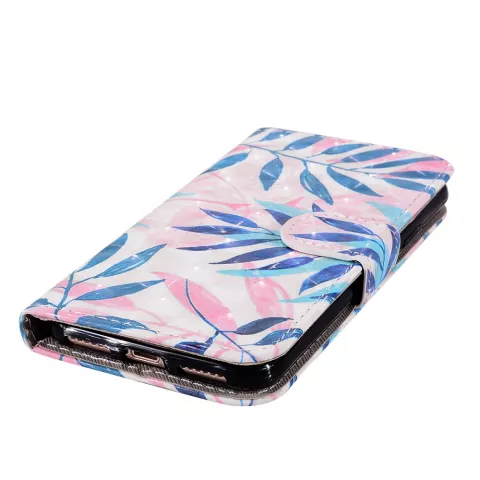 Bladeren Portemonnee Hoesje iPhone XR Magnetische Wallet Case Polsband - Blauw Roze