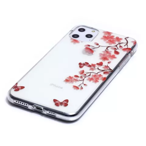 Bloemen Bloesem Vlinders Rood Natuur Hoesje Case TPU iPhone 11 Pro Max - Transparant
