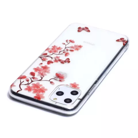 Bloemen Bloesem Vlinders Rood Natuur Hoesje Case TPU iPhone 11 Pro Max - Transparant