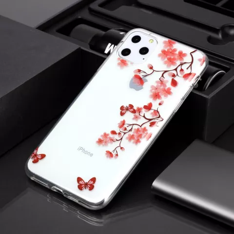 Bloemen Bloesem Vlinders Rood Natuur Hoesje Case TPU iPhone 11 Pro Max - Transparant