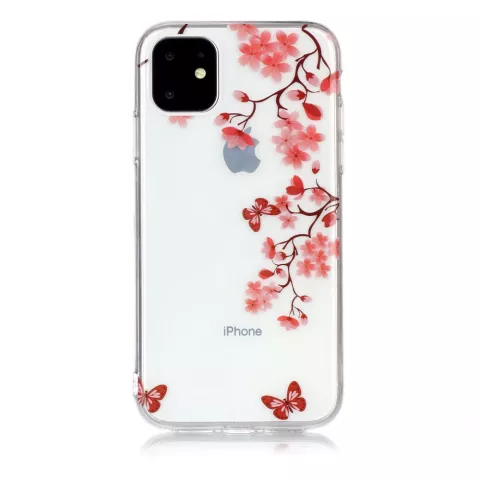 Bloemen Bloesem Vlinders Rood Natuur Hoesje Case TPU iPhone 11 - Transparant