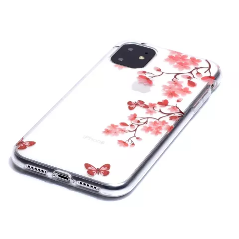 Bloemen Bloesem Vlinders Rood Natuur Hoesje Case TPU iPhone 11 - Transparant