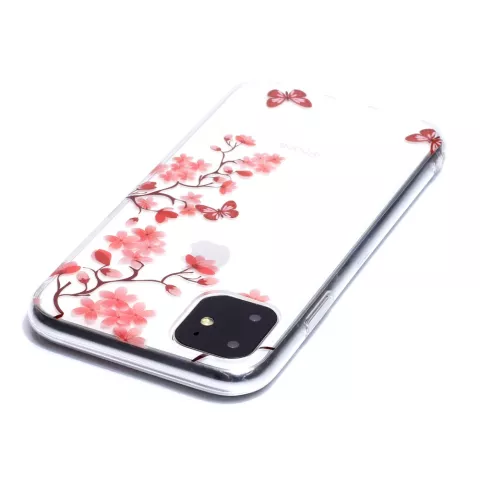 Bloemen Bloesem Vlinders Rood Natuur Hoesje Case TPU iPhone 11 - Transparant