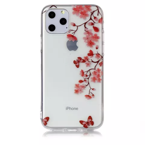Bloemen Bloesem Vlinders Rood Natuur Hoesje Case TPU iPhone 11 Pro - Transparant