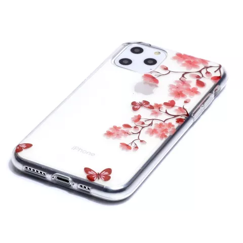 Bloemen Bloesem Vlinders Rood Natuur Hoesje Case TPU iPhone 11 Pro - Transparant