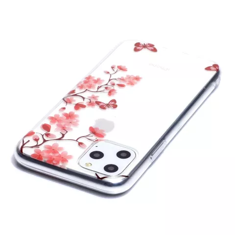 Bloemen Bloesem Vlinders Rood Natuur Hoesje Case TPU iPhone 11 Pro - Transparant