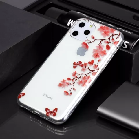 Bloemen Bloesem Vlinders Rood Natuur Hoesje Case TPU iPhone 11 Pro - Transparant