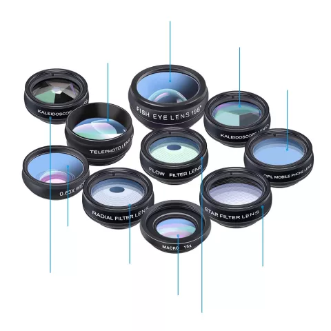 Ultieme 10-in-1 Lenzenset Lensklip Fisheye Wide Angle Macro 2X Telescoop lens voor mobiele telefoons