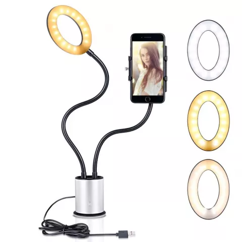 Selfie licht smartphone houder dimbaar 3 kleuren licht - Zilver Zwart