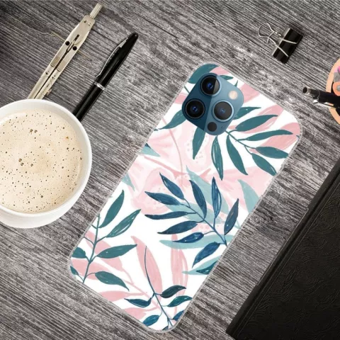 Tropical leaves TPU pastelgekleurde bladeren hoesje voor iPhone 13 Pro - roze, groen en wit