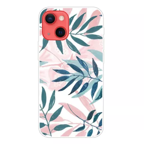 Tropical leaves TPU pastelgekleurde bladeren hoesje voor iPhone 13 mini - roze, groen en wit