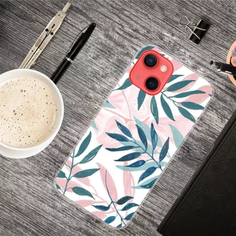 Tropical leaves TPU pastelgekleurde bladeren hoesje voor iPhone 13 mini - roze, groen en wit