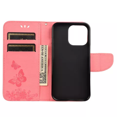 Wallet Bookcase kunstleer vlinders en bloemen hoesje voor iPhone 13 Pro Max - roze