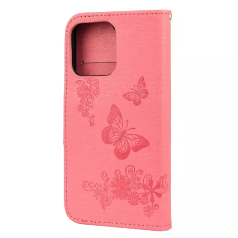 Wallet Bookcase kunstleer vlinders en bloemen hoesje voor iPhone 13 Pro - roze