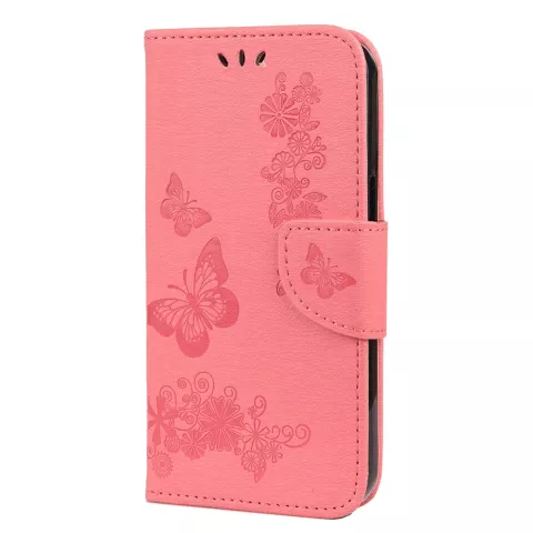 Wallet Bookcase kunstleer vlinders en bloemen hoesje geschikt voor iPhone 13 mini - roze