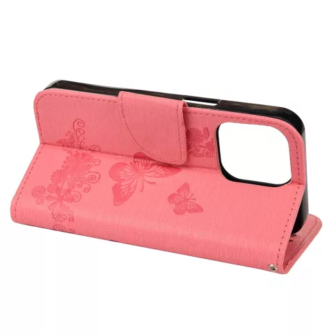 Wallet Bookcase kunstleer vlinders en bloemen hoesje geschikt voor iPhone 13 mini - roze