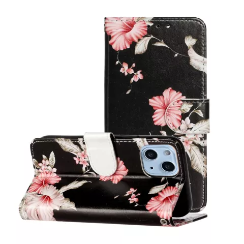 Wallet Bookcase kunstleer bloemen hoesje voor iPhone 13 - zwart