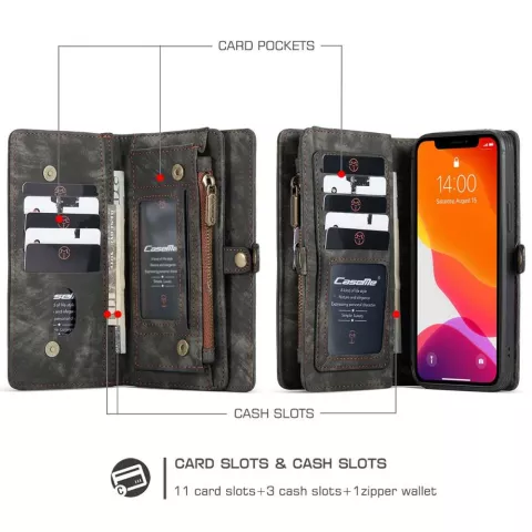 Caseme Retro Wallet splitleder hoesje geschikt voor iPhone 12 en iPhone 12 Pro - zwart