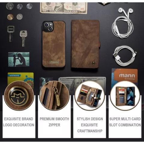Caseme Retro Wallet splitleder hoesje geschikt voor iPhone 13 - bruin