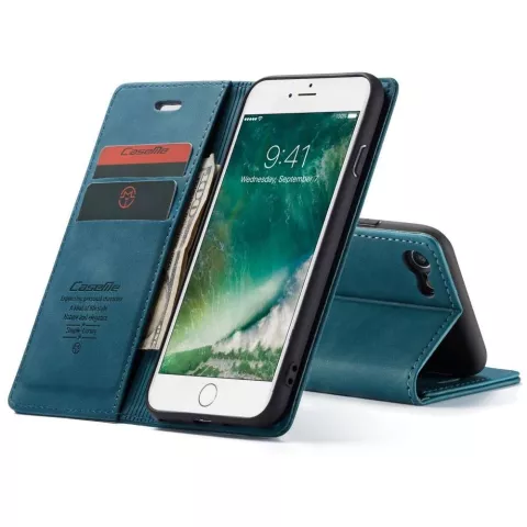 Caseme Slim Retro Wallet kunstleer hoesje voor iPhone 7, iPhone 8 en iPhone SE 2020 SE 2022 - blauw