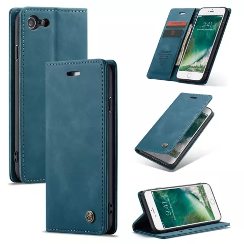 Caseme Slim Retro Wallet kunstleer hoesje voor iPhone 7, iPhone 8 en iPhone SE 2020 SE 2022 - blauw