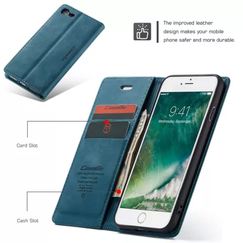 Caseme Slim Retro Wallet kunstleer hoesje voor iPhone 7, iPhone 8 en iPhone SE 2020 SE 2022 - blauw