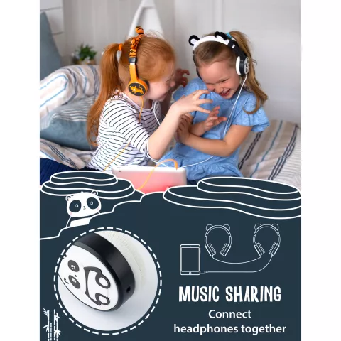 Planet Buddies panda koptelefoon kinderen opvouwbaar hoofdtelefoon headphonejack aux - Zwart Wit